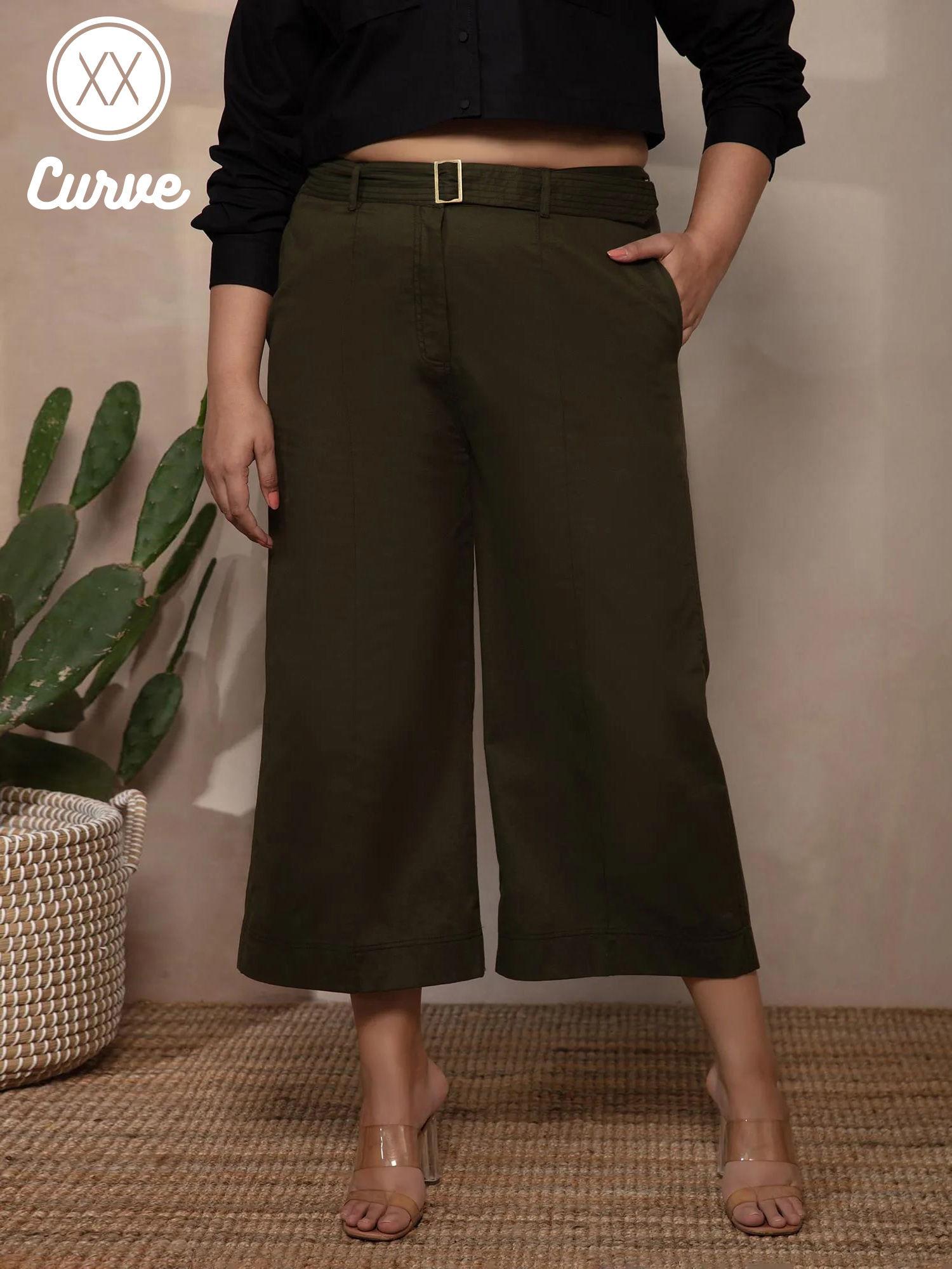 curve olive solid straight fit pants with belt