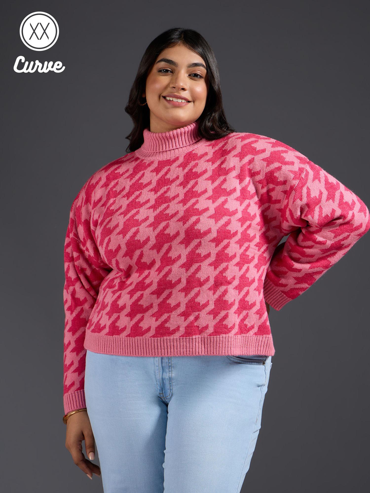 curve pink houndstooth turtle neck short sweater