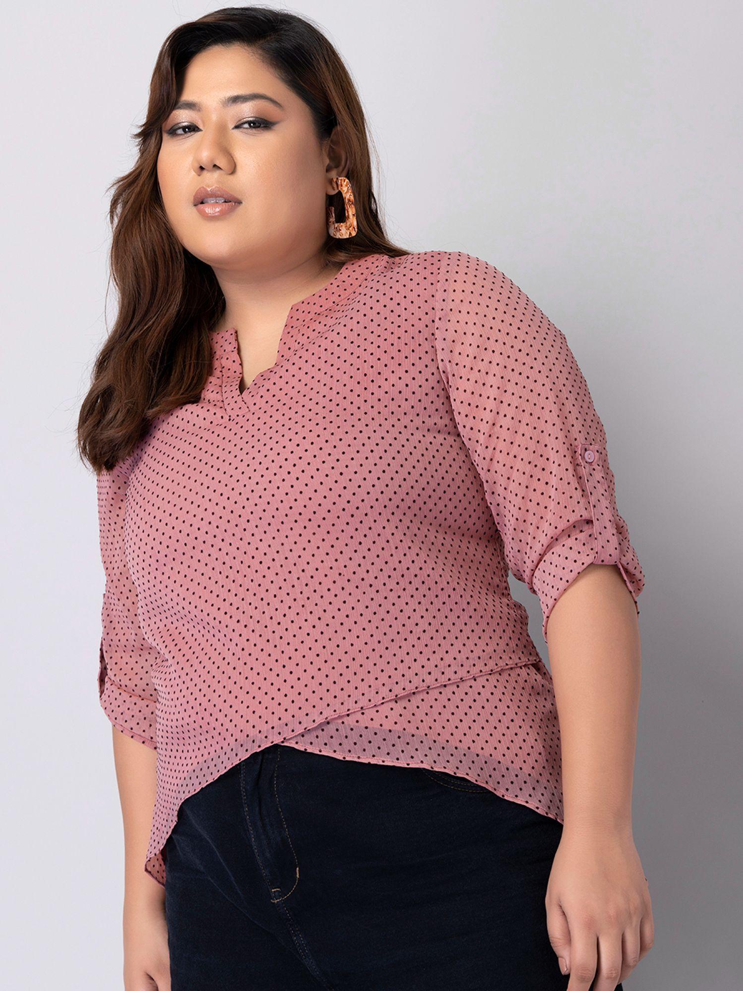 curve pink polka dot asymmetric top