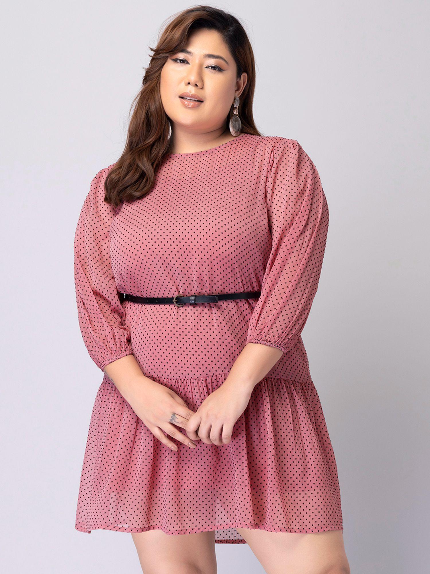 curve pink polka dot ruffled dress with belt (set of 2)