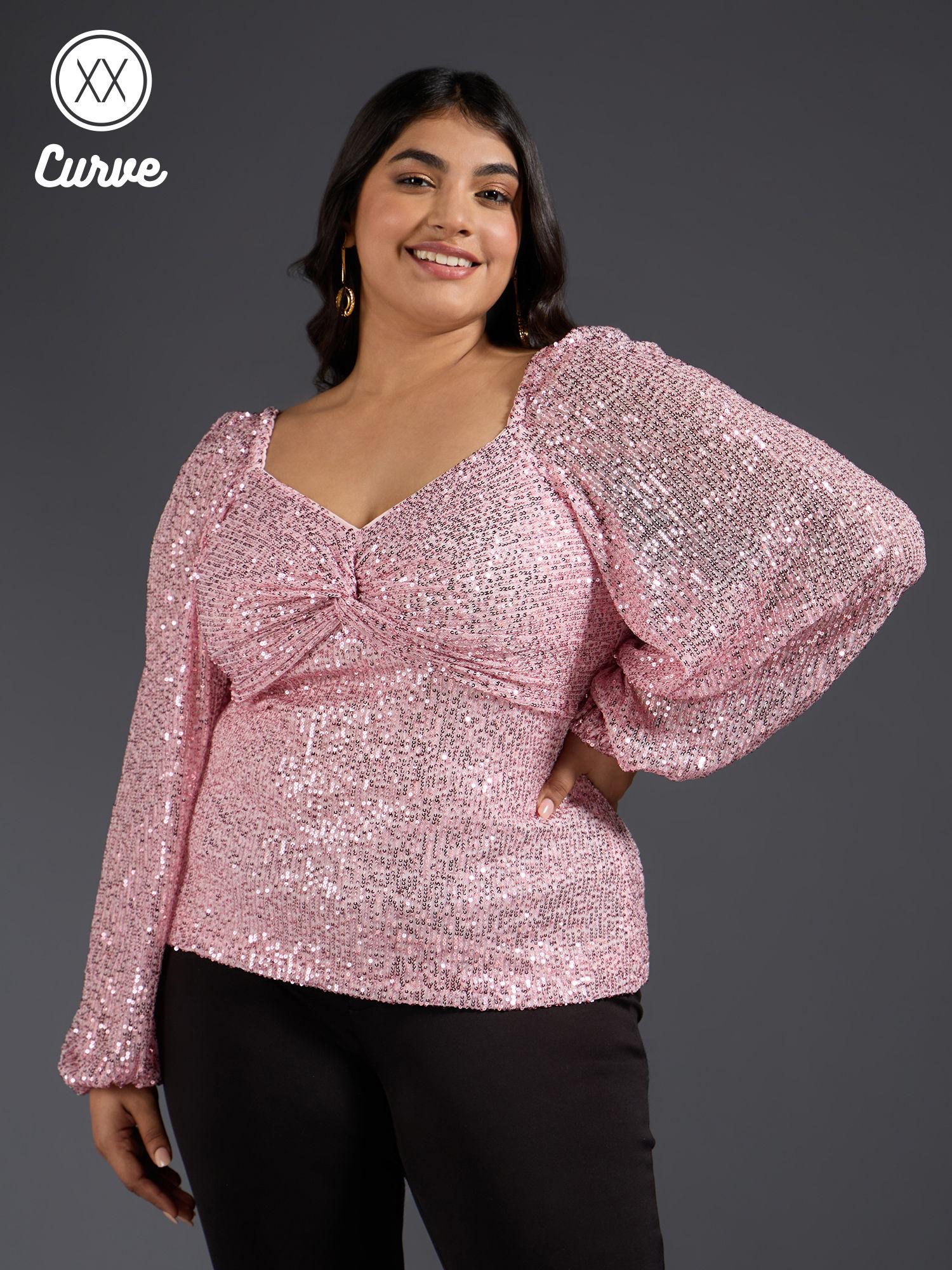 curve pink sequin sweetheart neck puff sleeve top