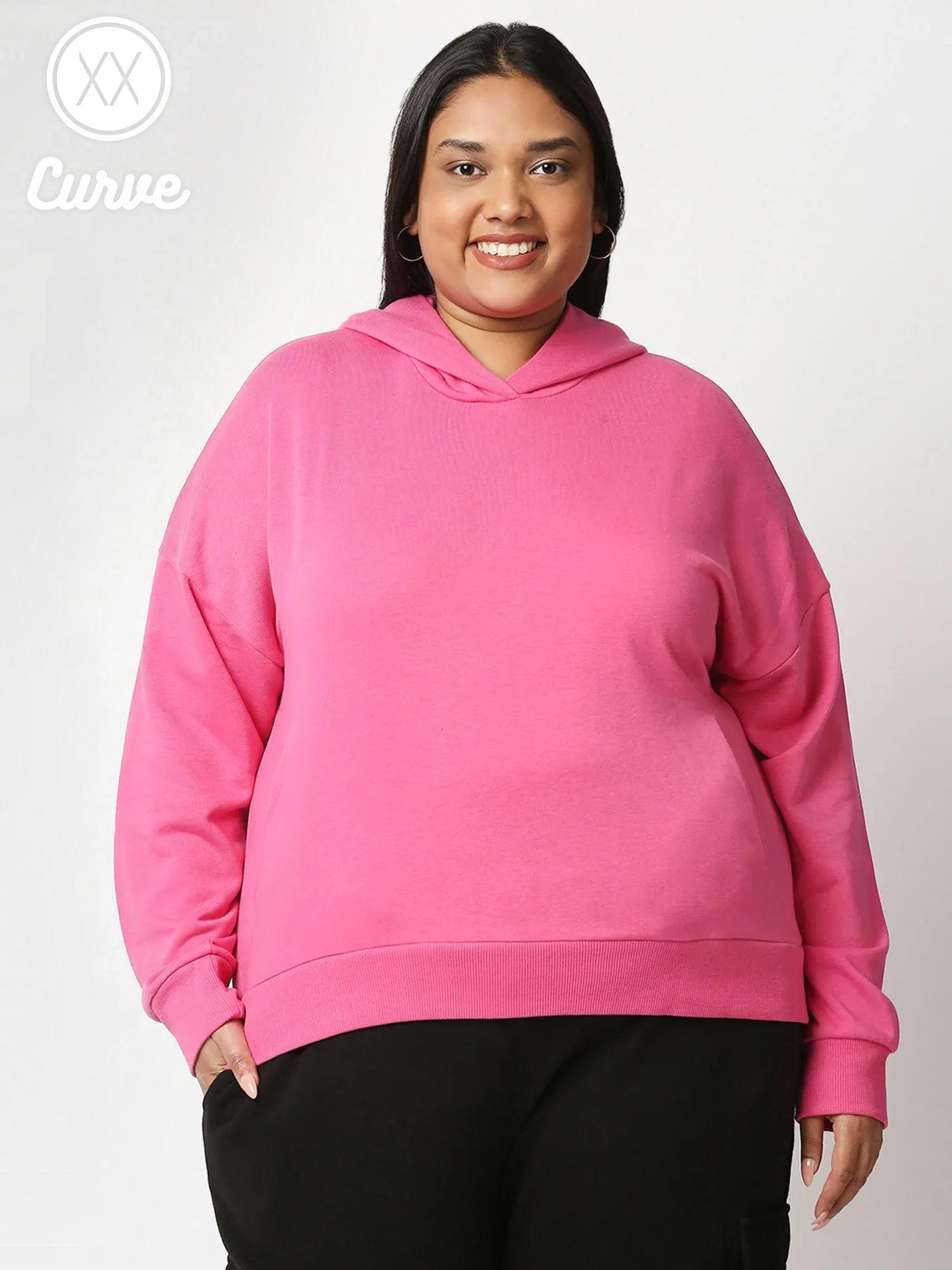 curve pink solid full sleeves basics hoodie