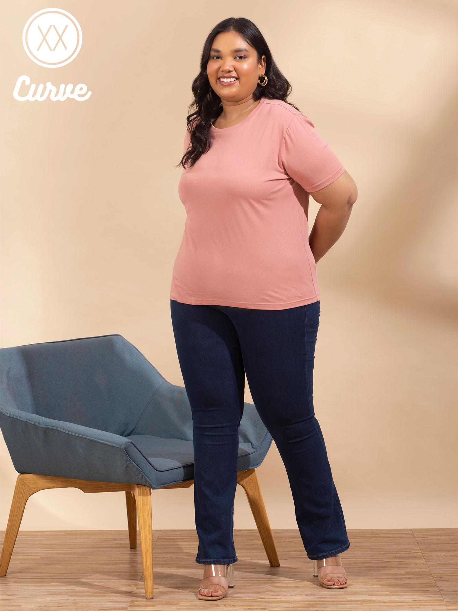 curve pink solid round neck basics t shirt