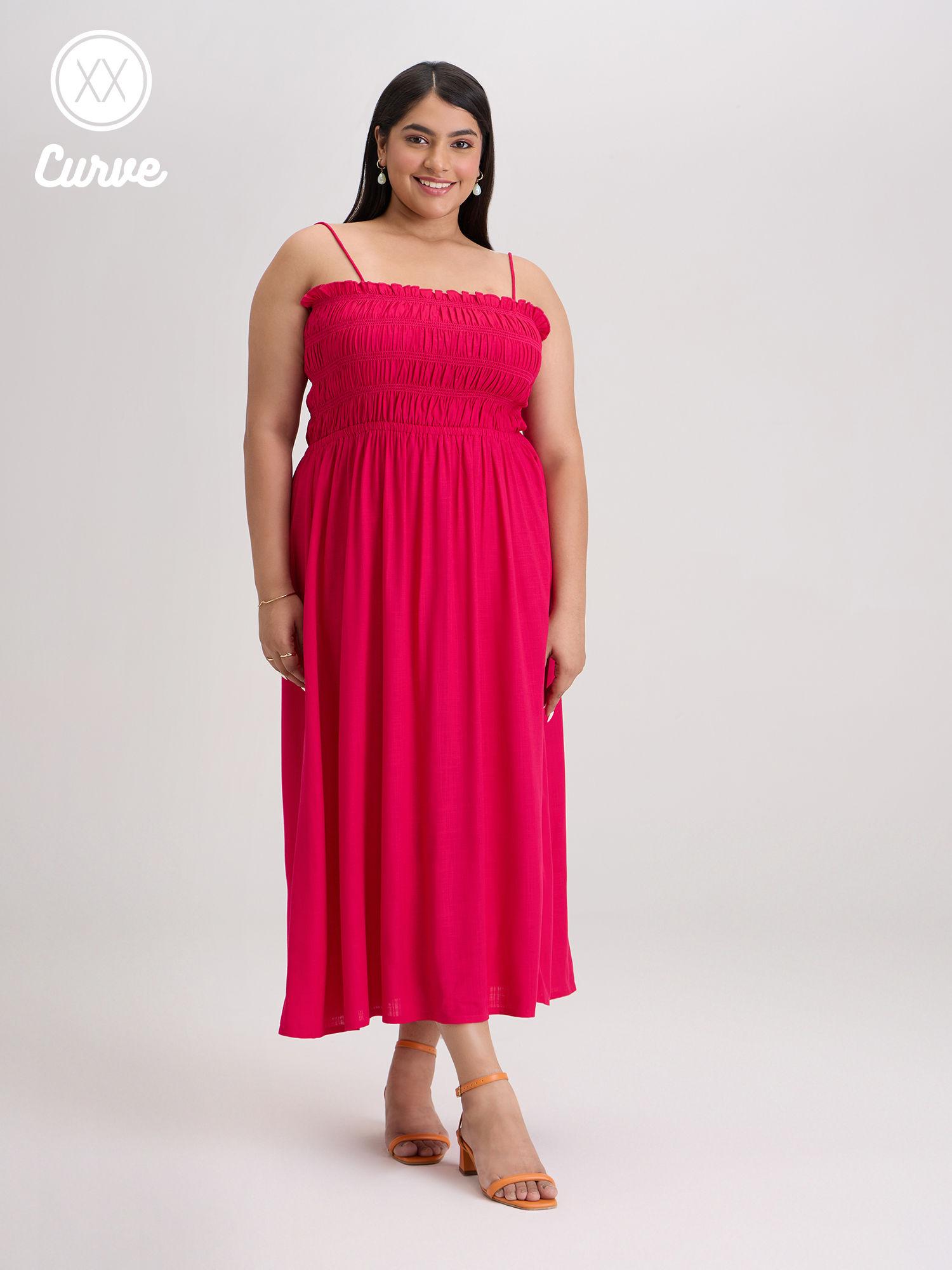 curve pink strappy square neck midi dress