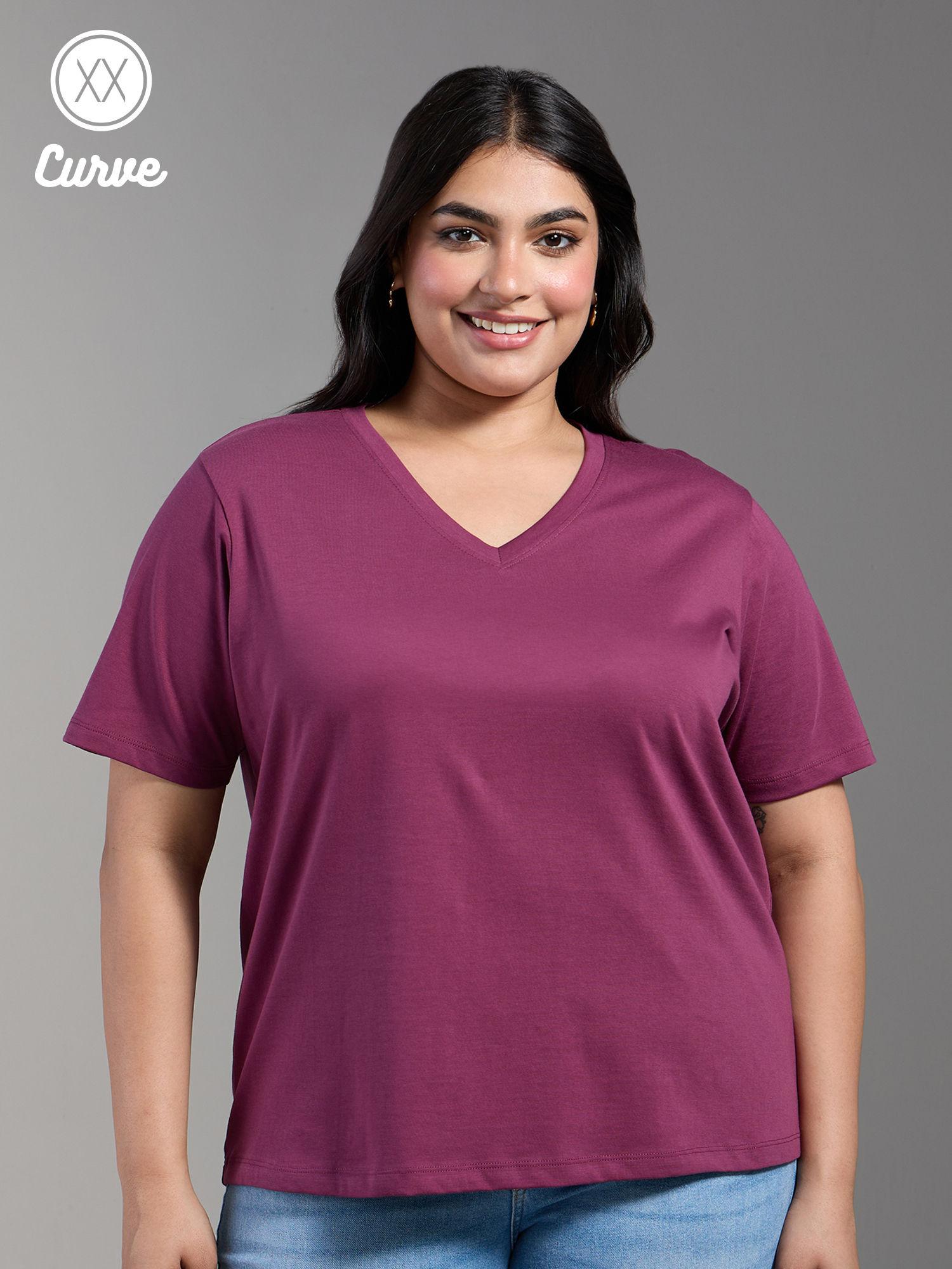 curve plum solid v neck short sleeves basics t-shirt