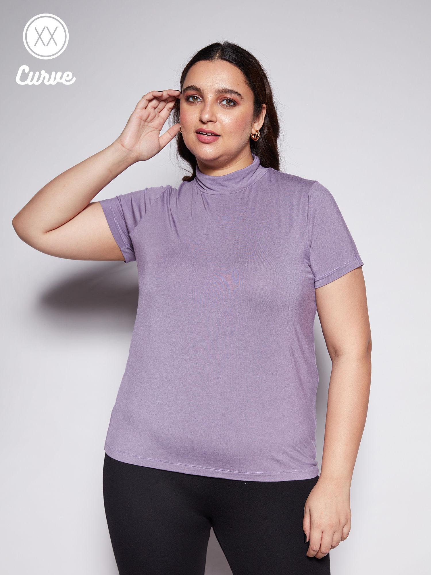 curve purple high neck short sleeves basics t-shirt