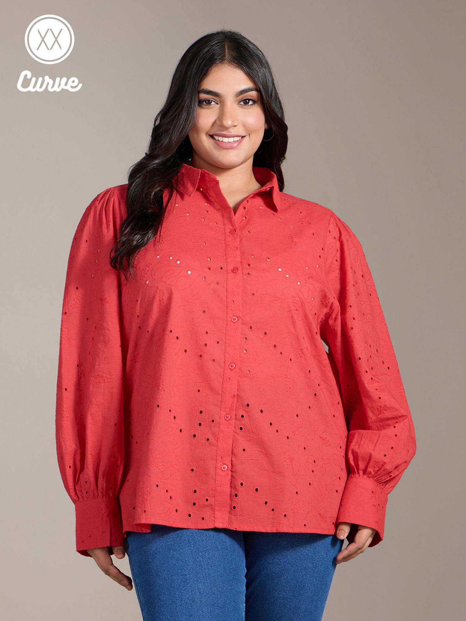 curve red schiffli embroidered full sleeves shirt