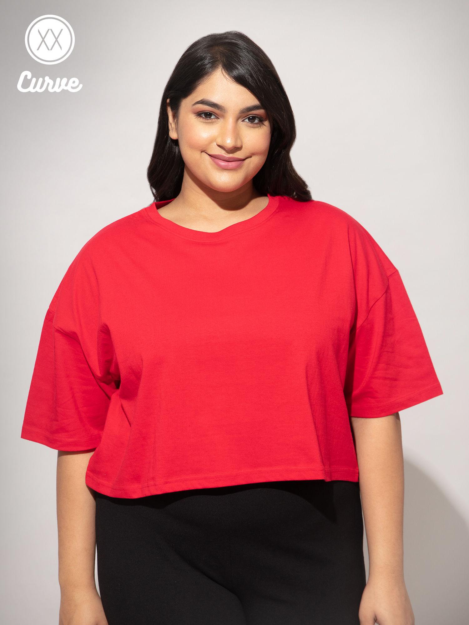 curve red solid round neck loose basics crop tshirt