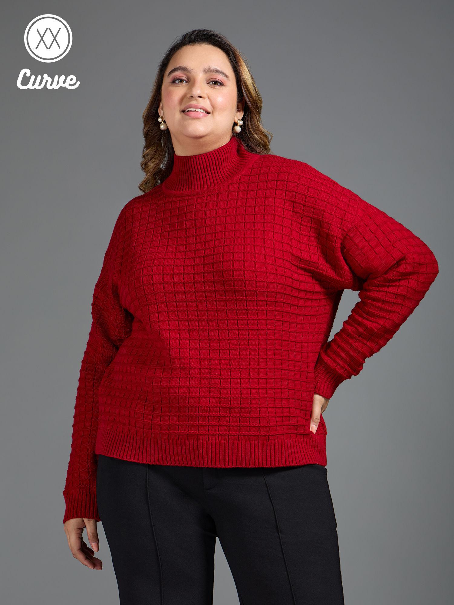 curve red textured turtle neck sweater