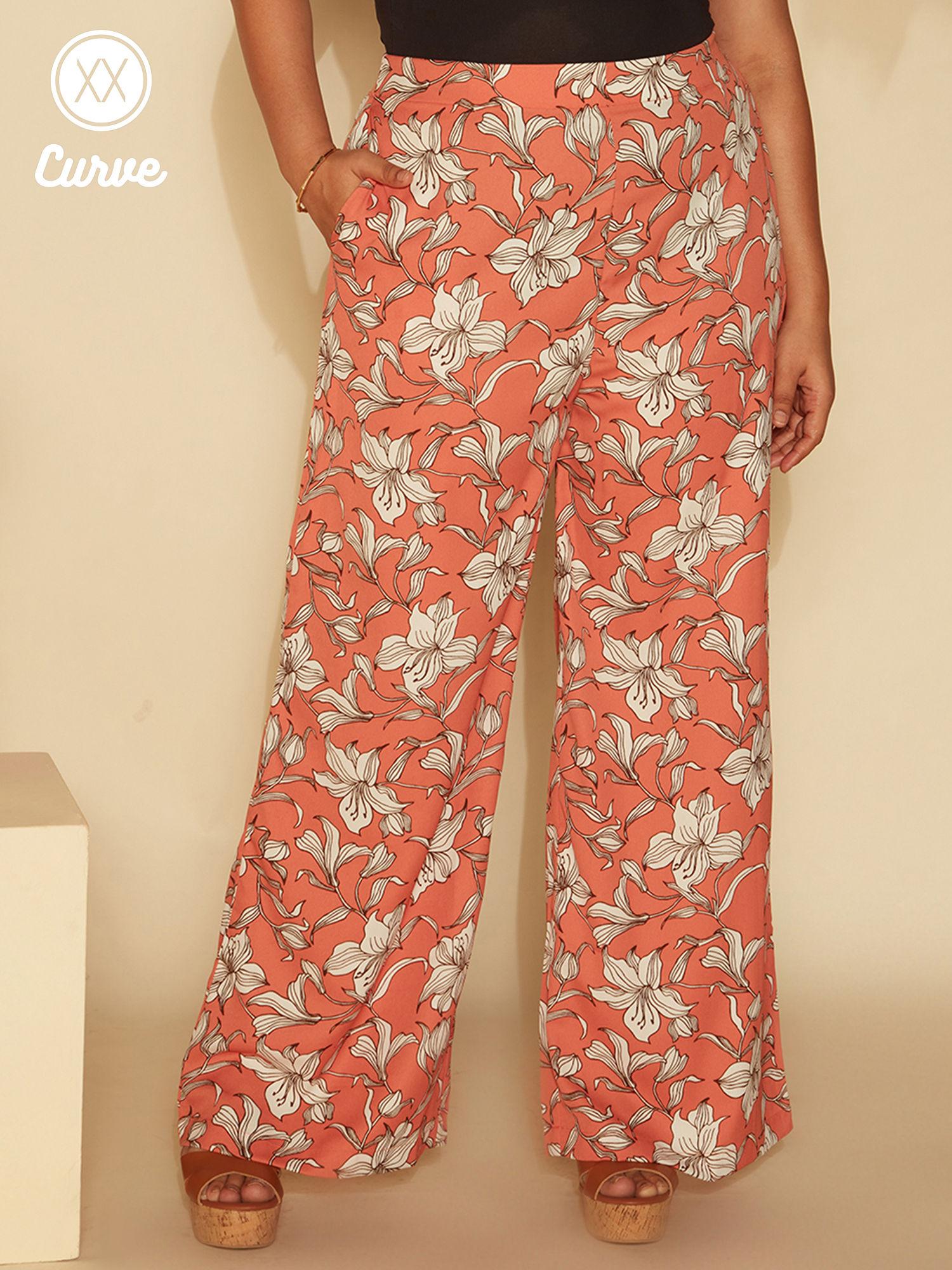 curve rust and white floral printed wide leg work pants