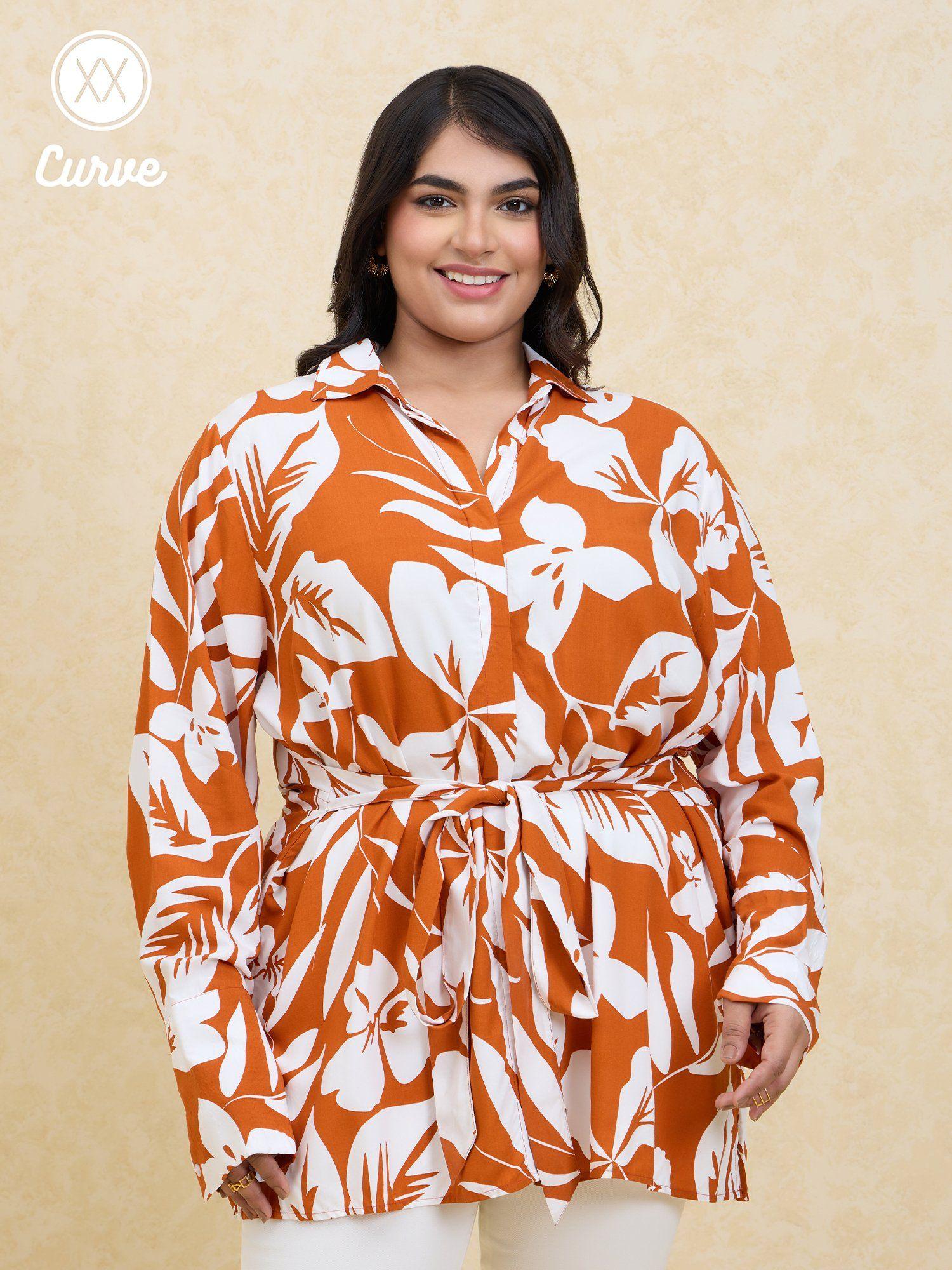 curve rust and white printed belted shirt