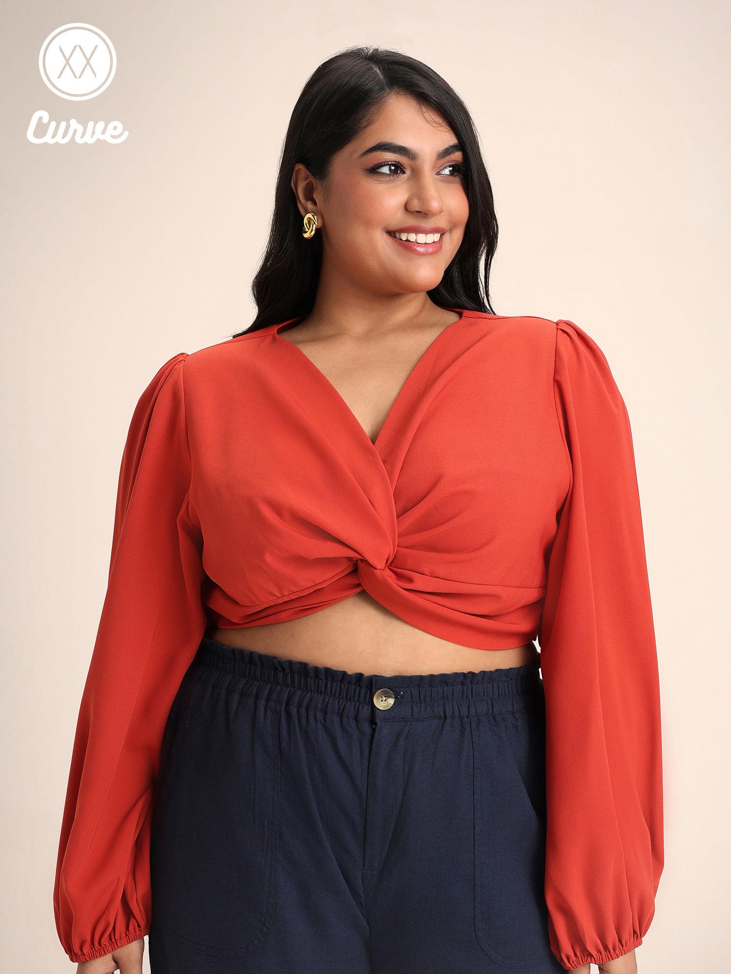 curve rust full sleeves v neck crop top