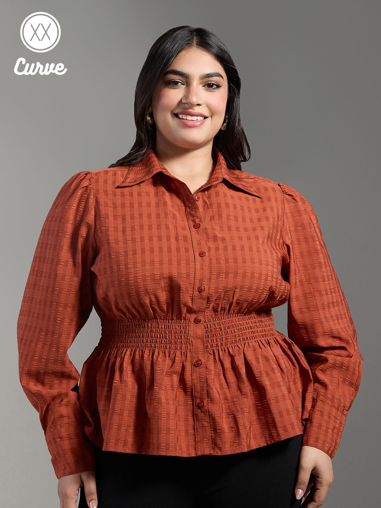 curve rust self design full sleeves peplum shirt