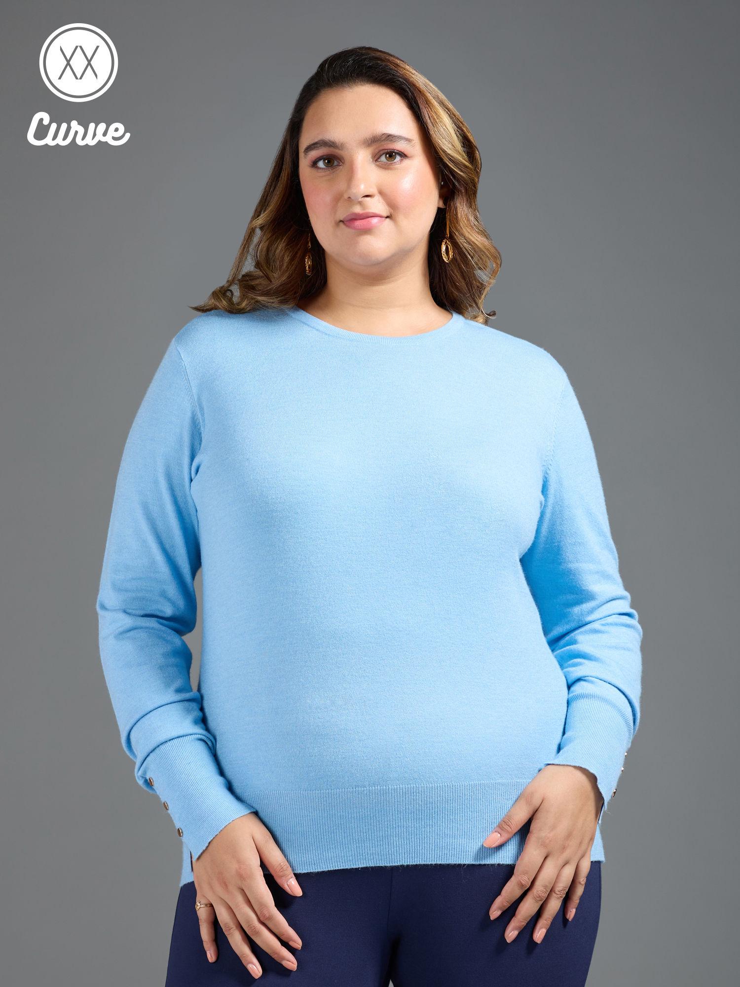 curve sky blue solid buttoned cuffs sweater top