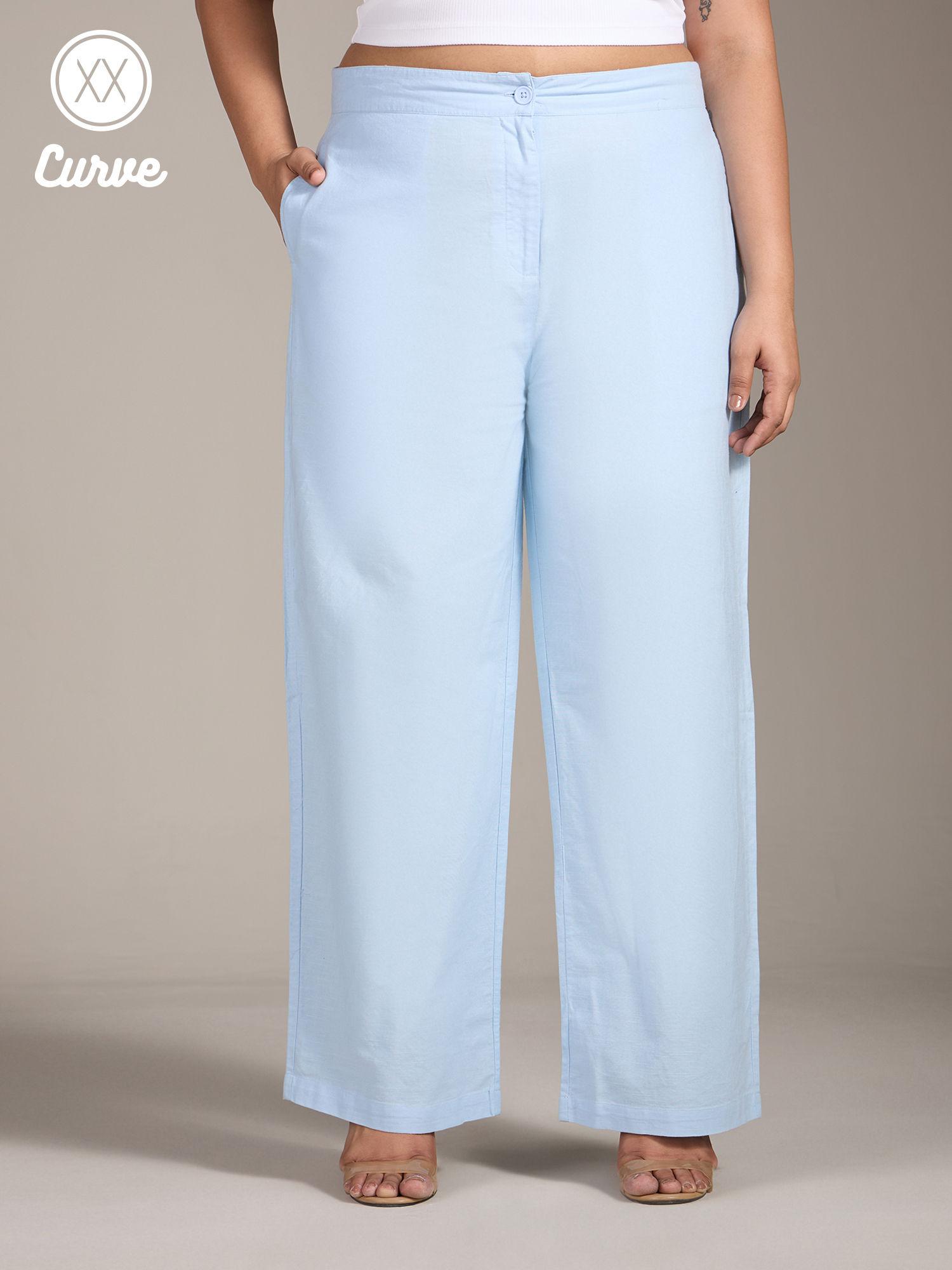 curve sky blue solid straight fit linen pants