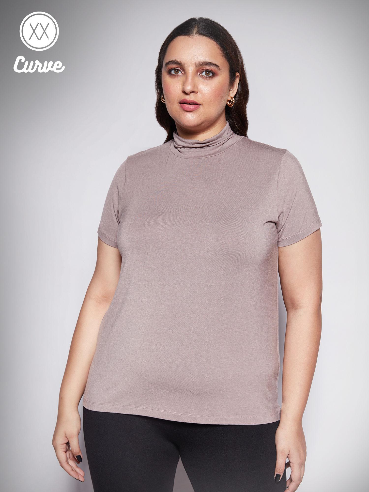 curve taupe high neck short sleeves basics t-shirt