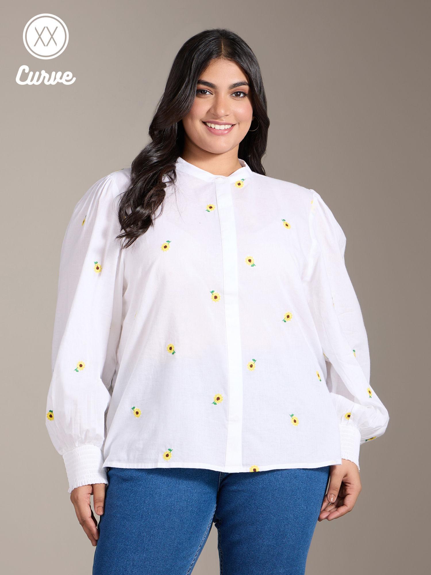 curve white floral embroidery mandarin collar shirt