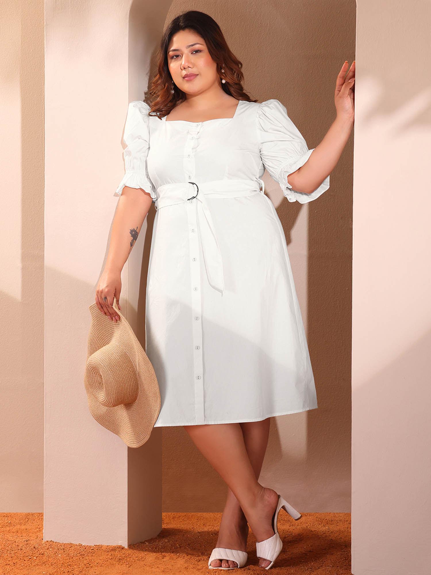 curve white half sleeve midi dress with belt (set of 2)