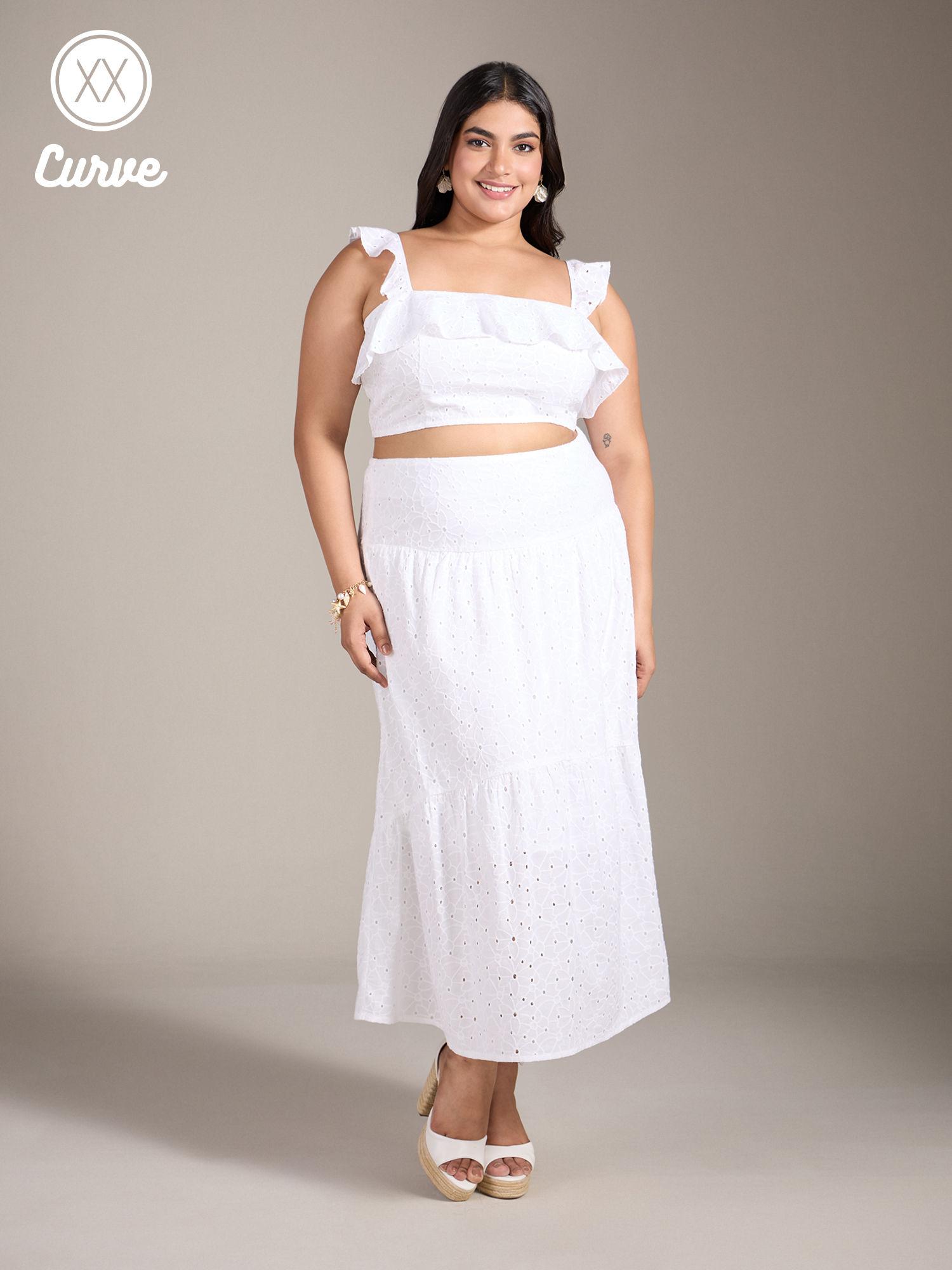 curve white ruffled crop top midi skirt co ord (set of 2)