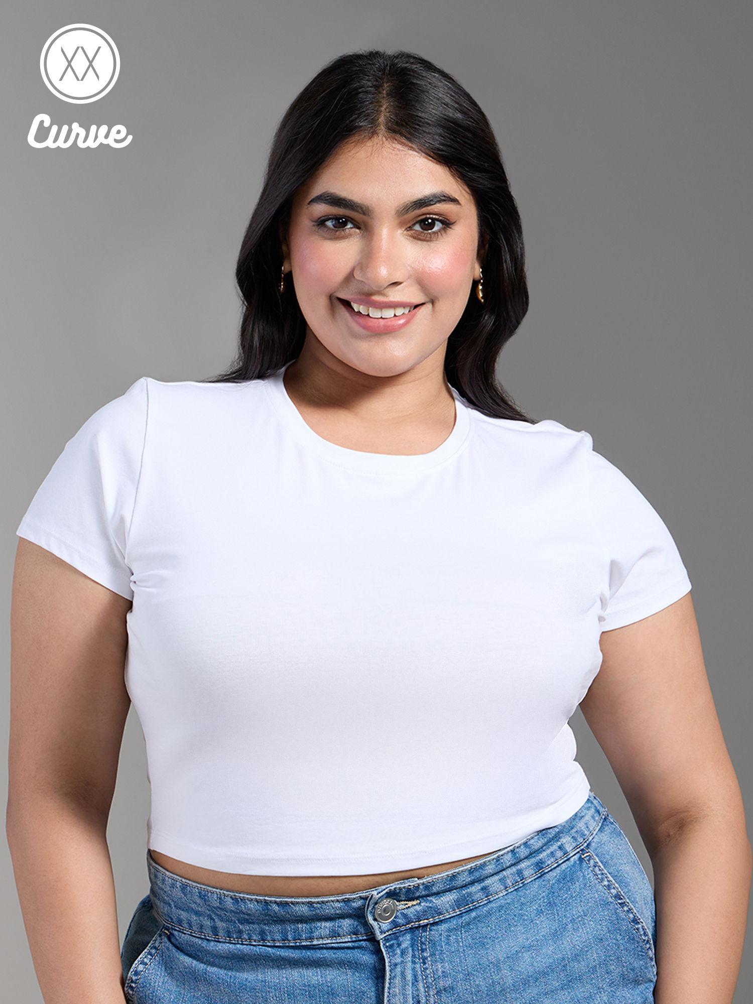 curve white solid crew neck fitted basics crop t-shirt