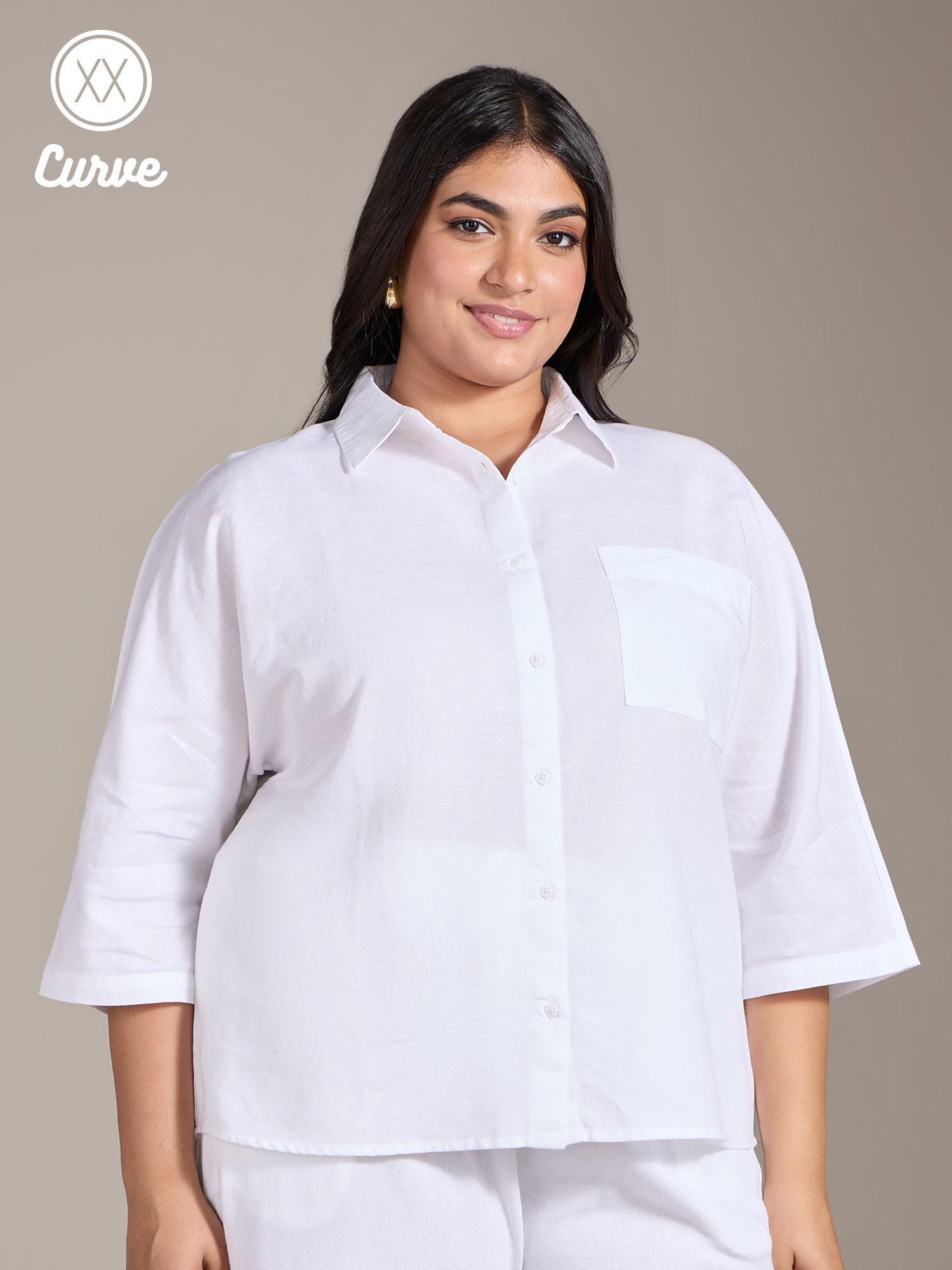 curve white solid drop half sleeves straight fit linen shirt