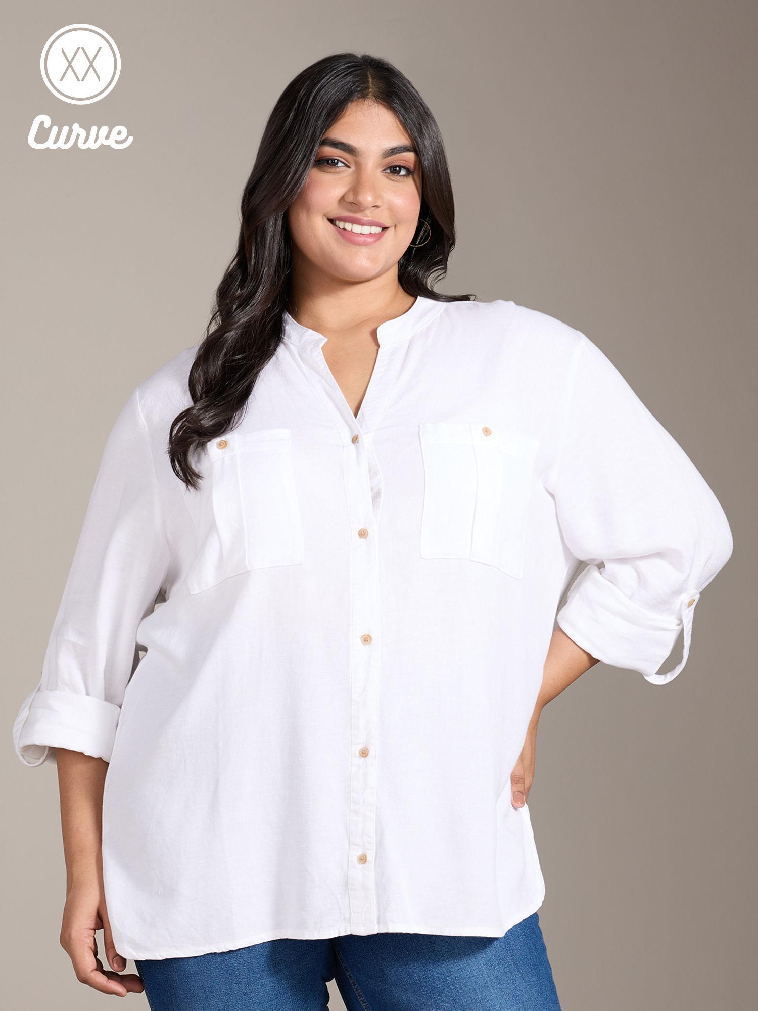 curve white solid mandarin collar roll up sleeves shirt