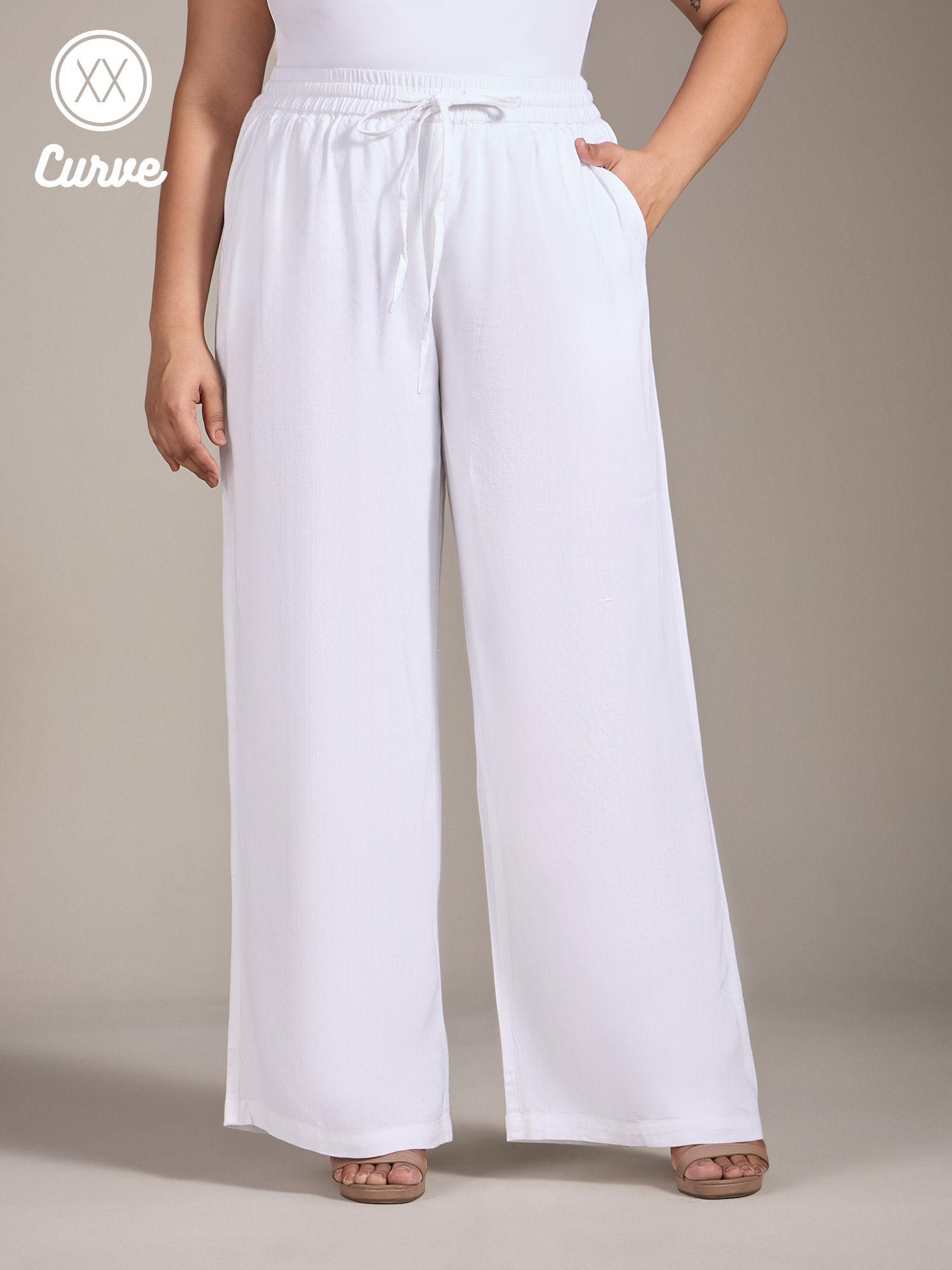 curve white solid mid waist straight linen pants