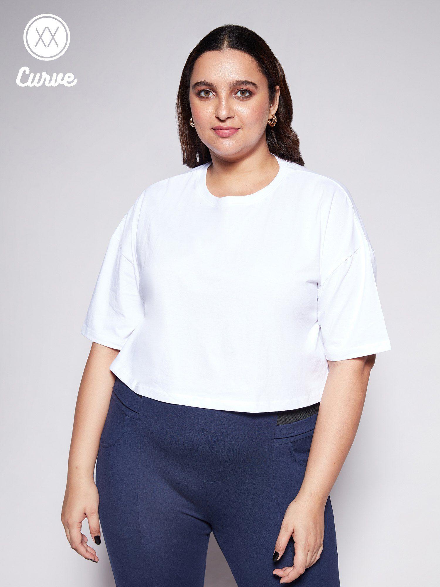 curve white solid round neck loose basics crop t-shirt