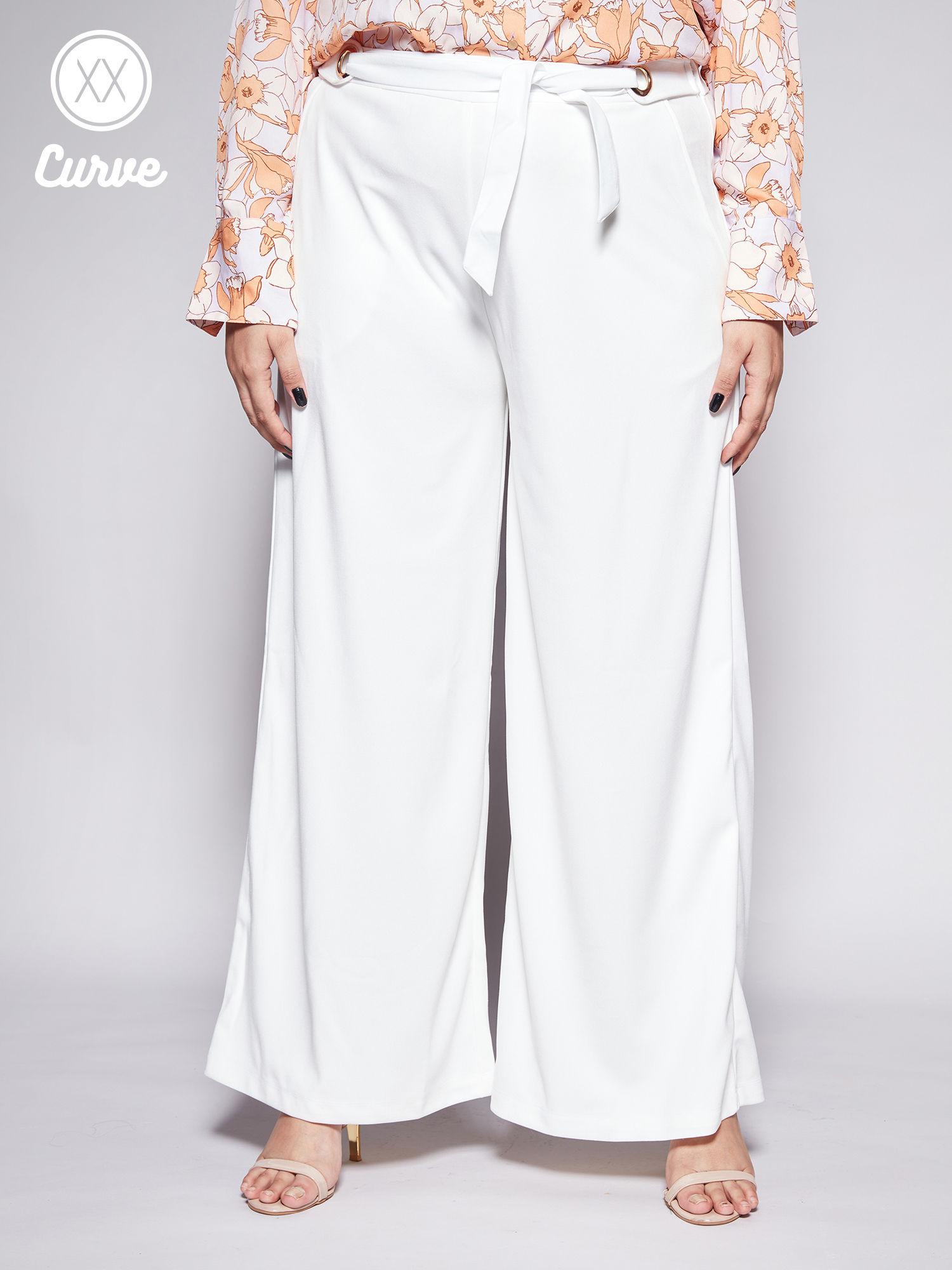 curve white solid tie up wide leg work pants