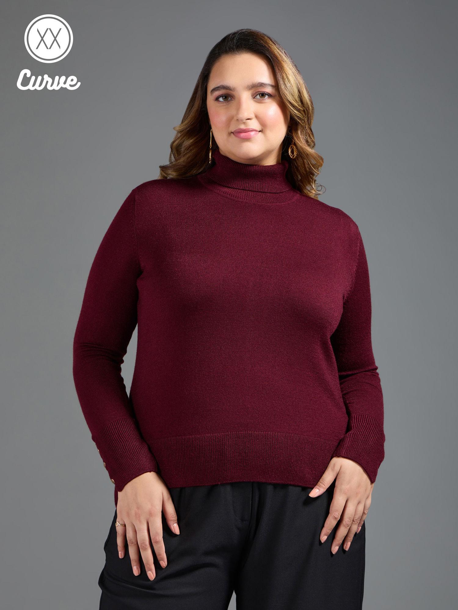 curve wine solid turtle neck buttoned cuffs sweater top