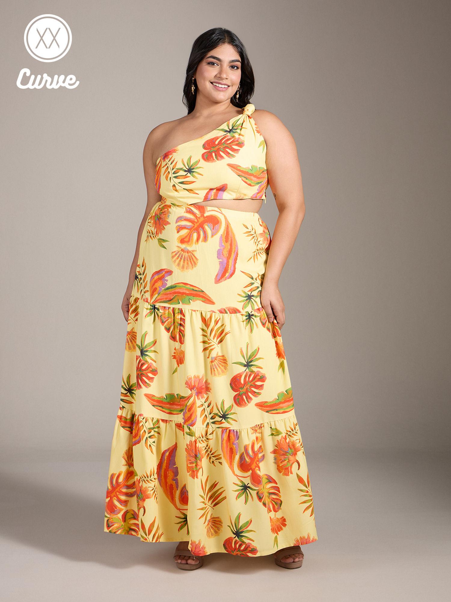 curve yellow floral one shoulder flared maxi dress