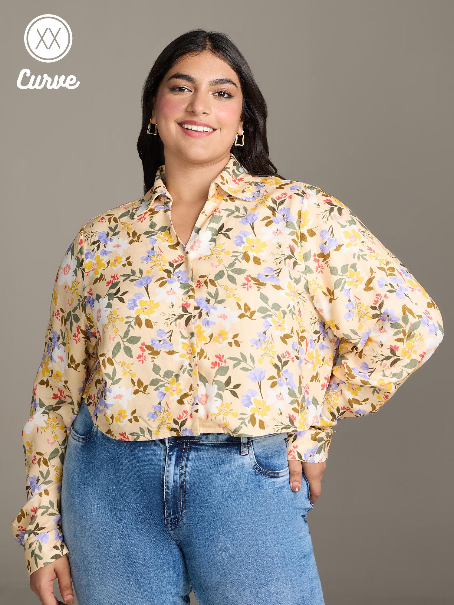 curve yellow floral print pointed collar crop shirt