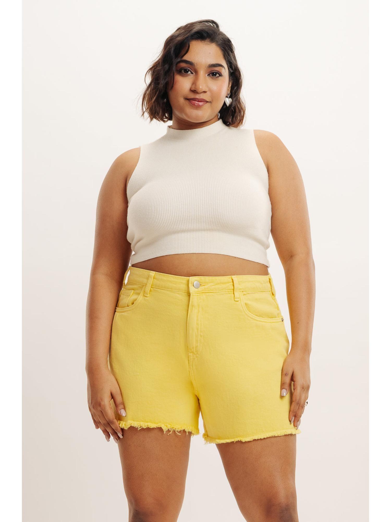 curve yellow frayed hem shorts