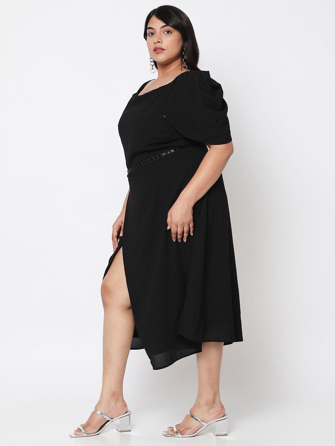 curves by mish black  plus size georgette a-line midi dress