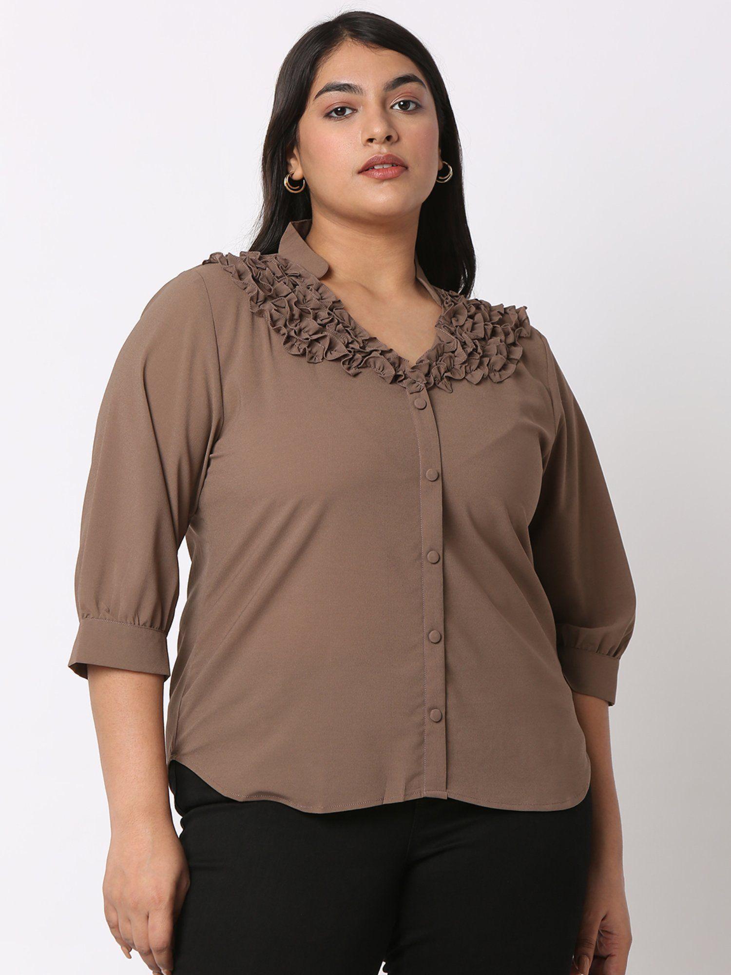 curves by mish brown solid with ruffle detail shirt