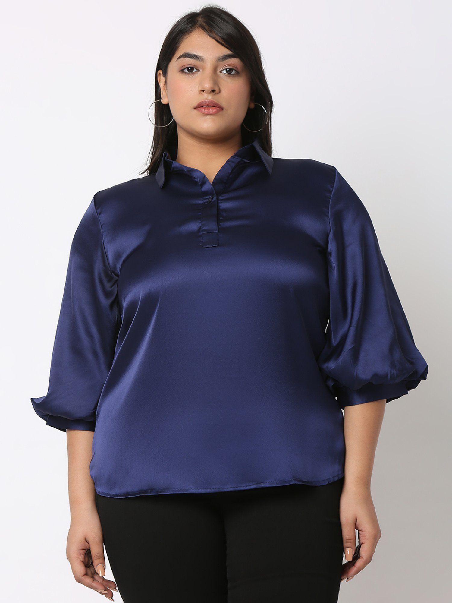 curves by mish navy blue solid shirt style top