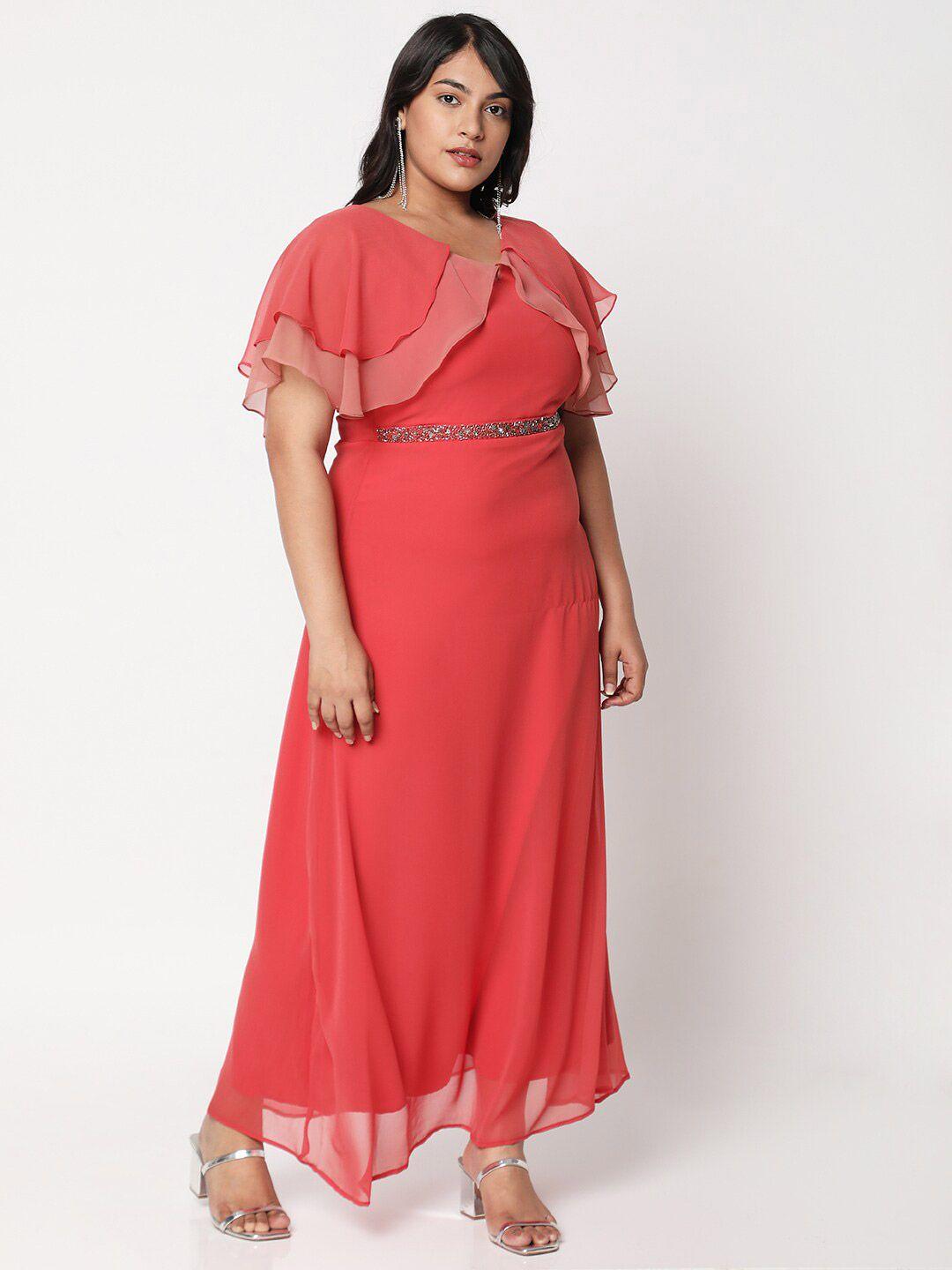curves by mish plus size peach-coloured embellished layered maxi dress