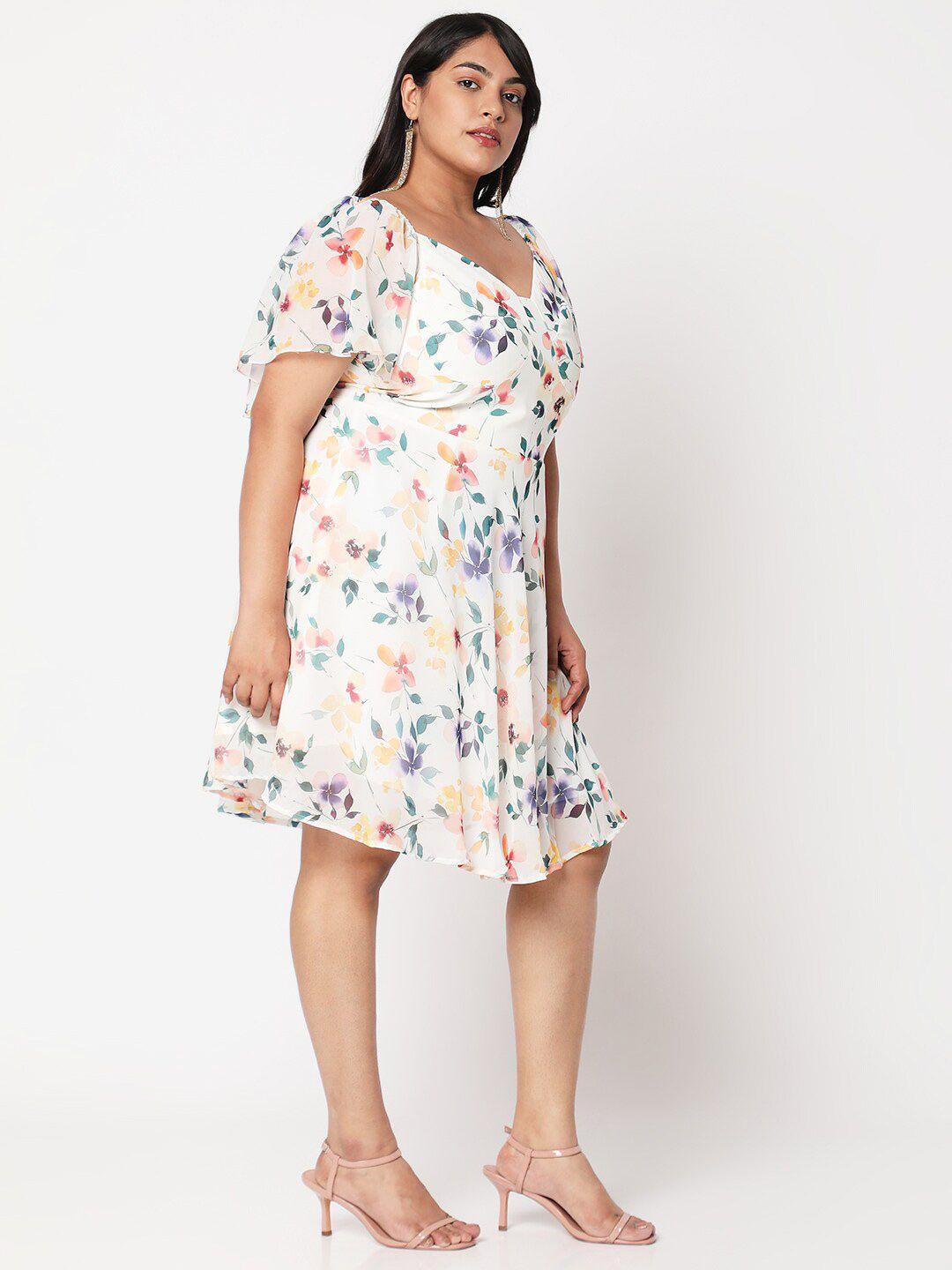 curves by mish white plus size floral printed georgette dress