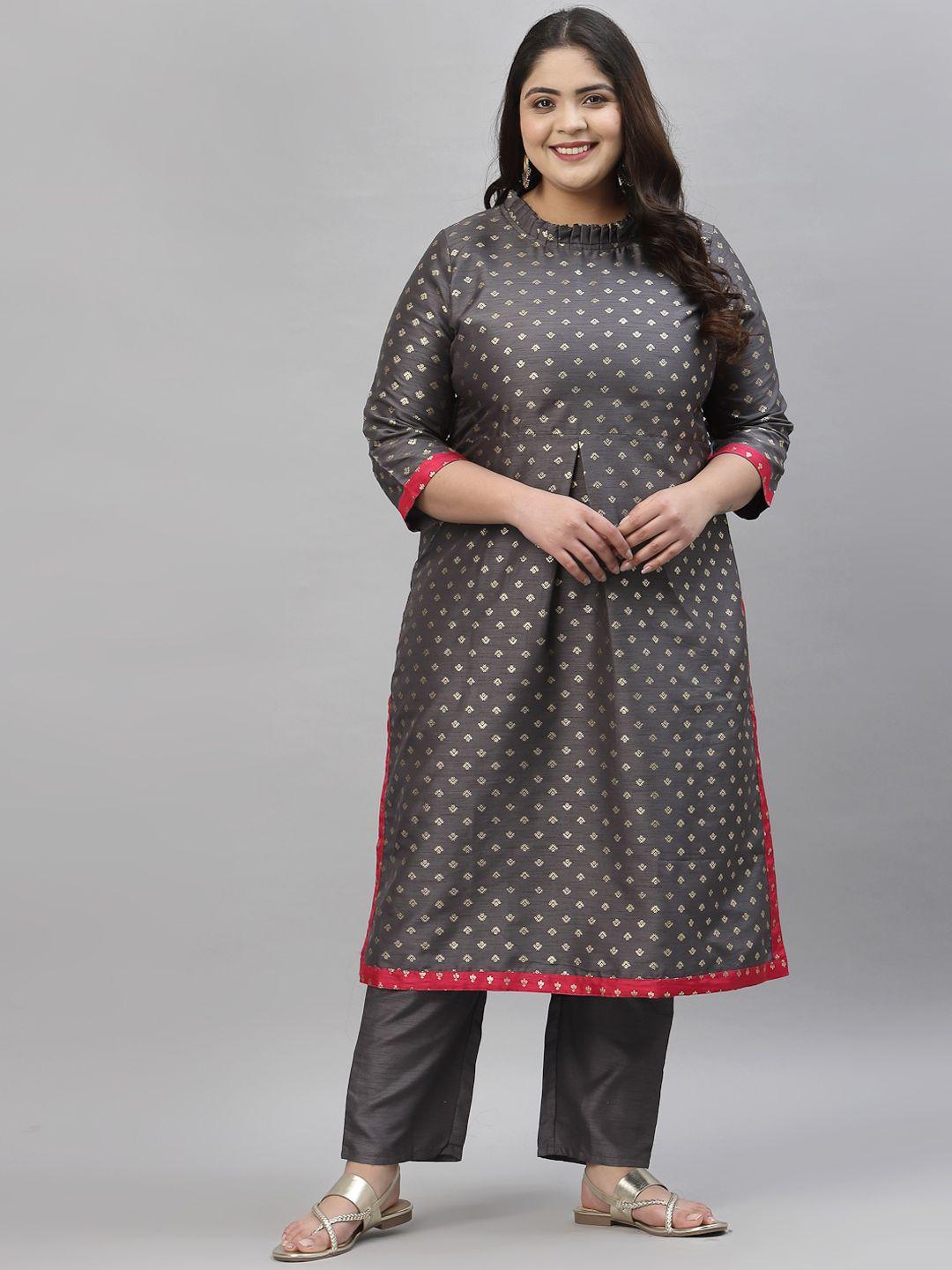 curvezi by ziyaa plus size women grey & gold ethnic motifs printed kurta with trousers