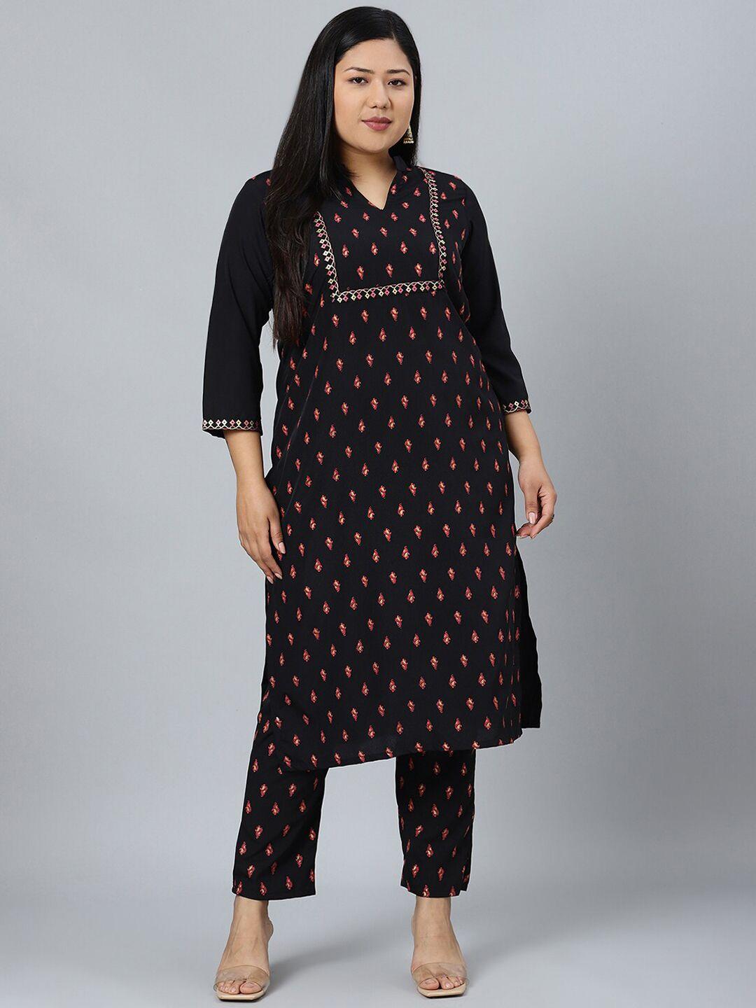 curvezi by ziyaa women black printed kurta with trousers