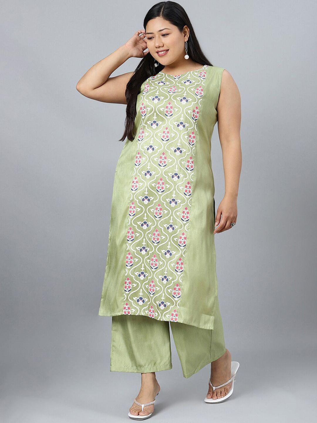 curvezi by ziyaa women green printed kurta with palazzos