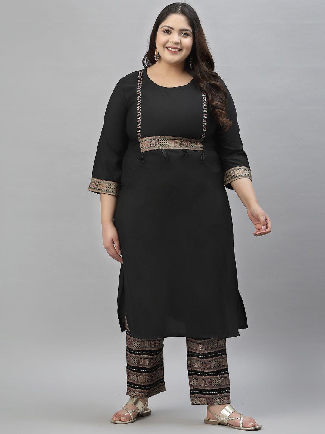 curvezi by ziyaa women plus size black printed kurta with trousers