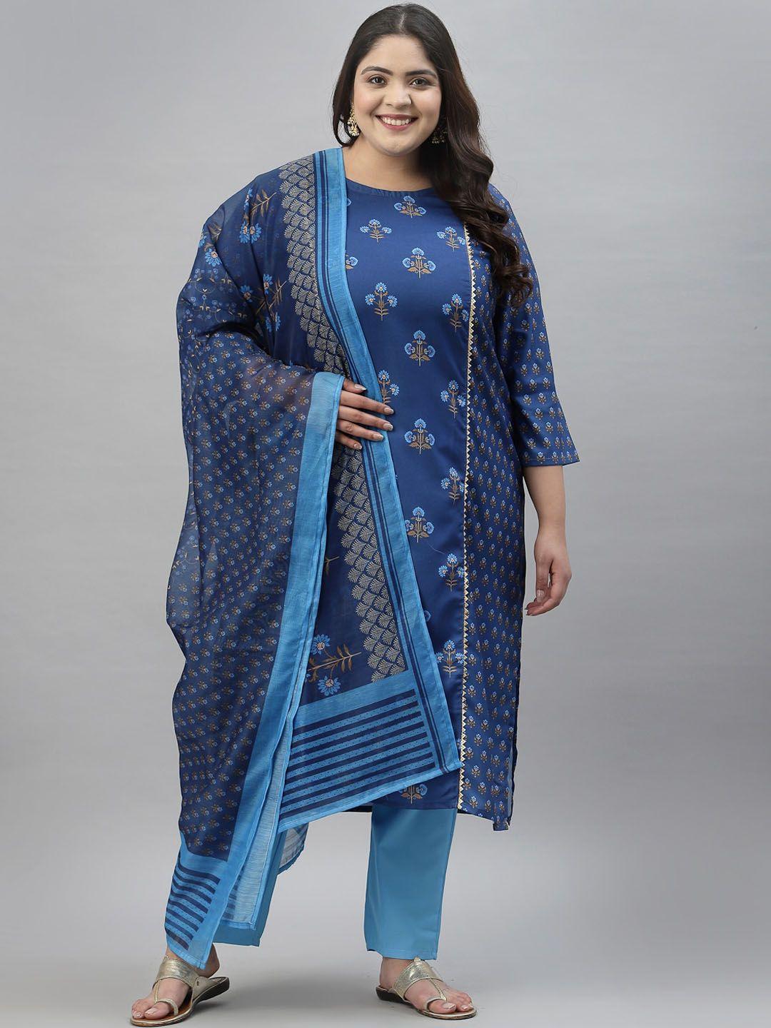 curvezi by ziyaa women plus size blue printed kurta with trousers & with dupatta