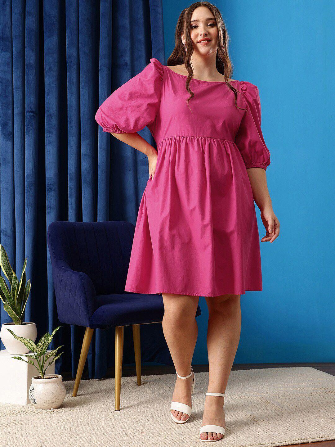 curvy street fuchsia plus size boat neck puff sleeves pure cotton fit & flare dress