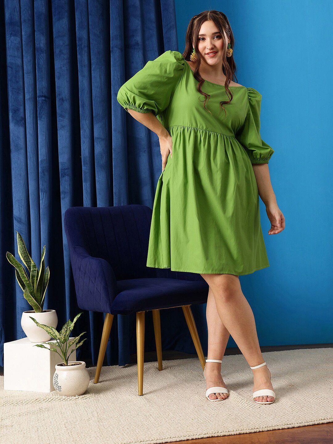 curvy street green plus size boat neck puff sleeves pure cotton fit & flare dress