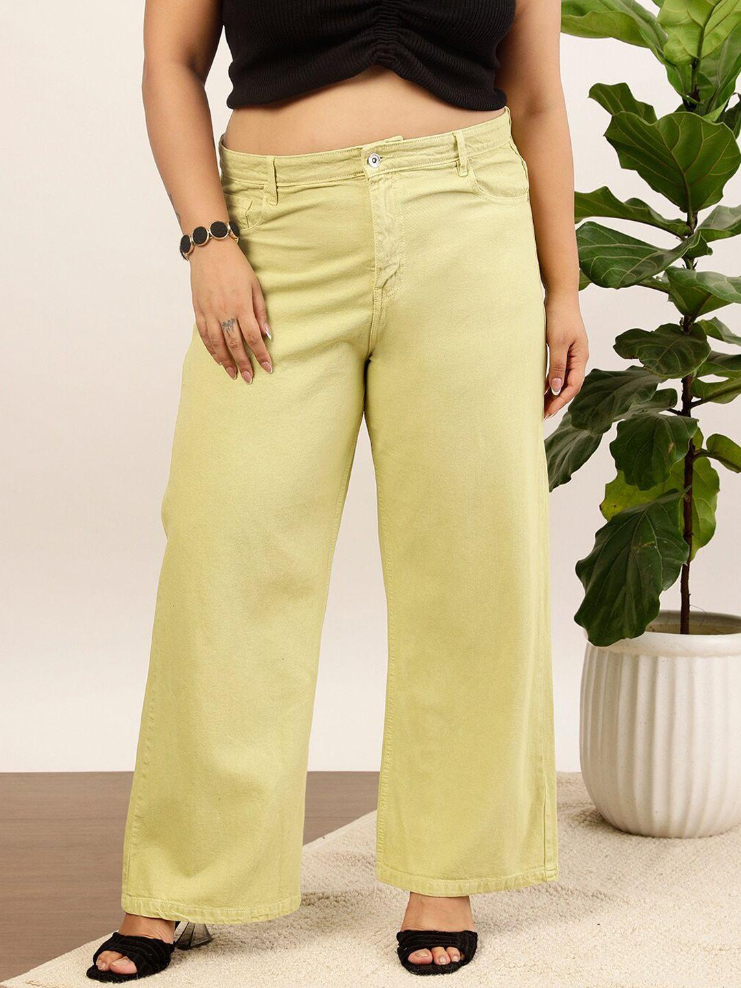 curvy street women green jean wide leg low distress jeans
