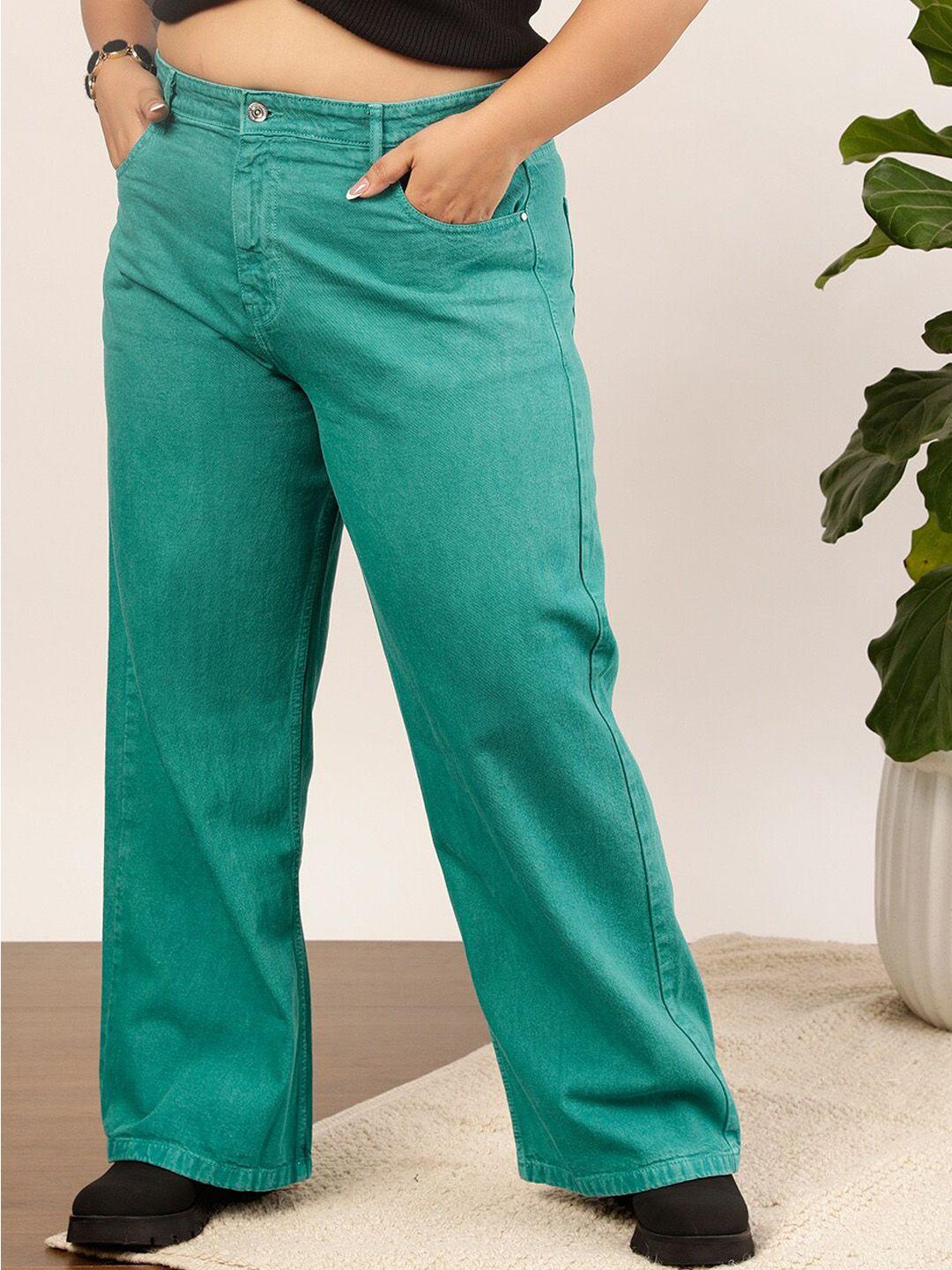 curvy street women sea green jean wide leg low distress jeans