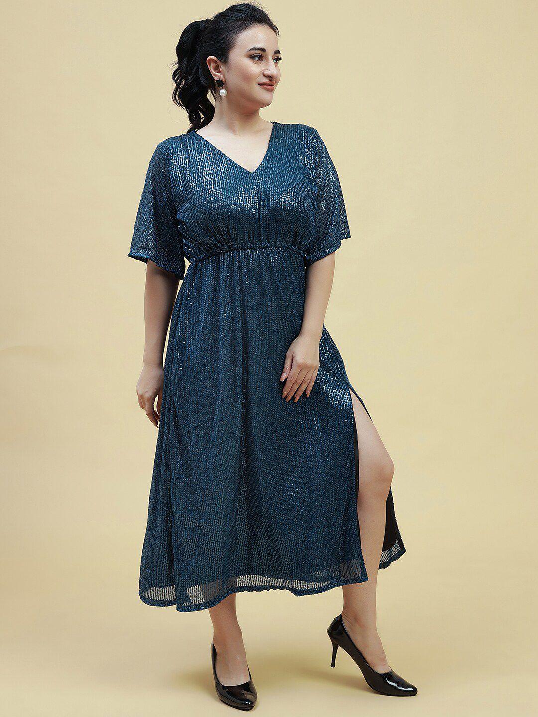 curvy lane embellished flared sleeves sequinned fit & flare midi dress