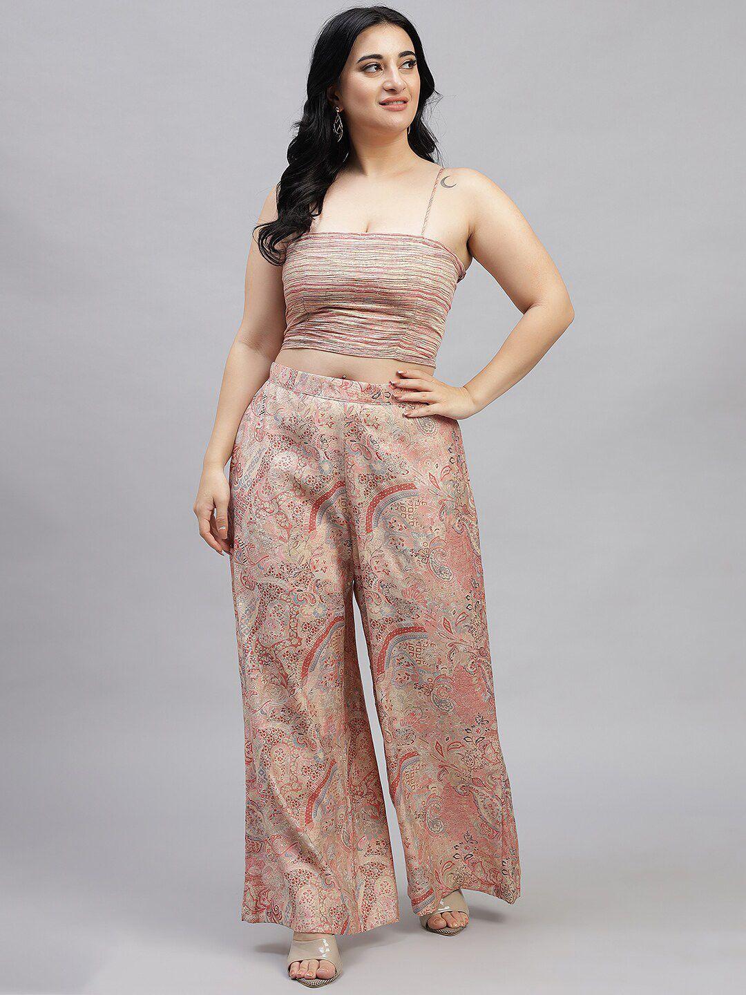 curvy lane ethnic motifs printed top with palazzos & coat