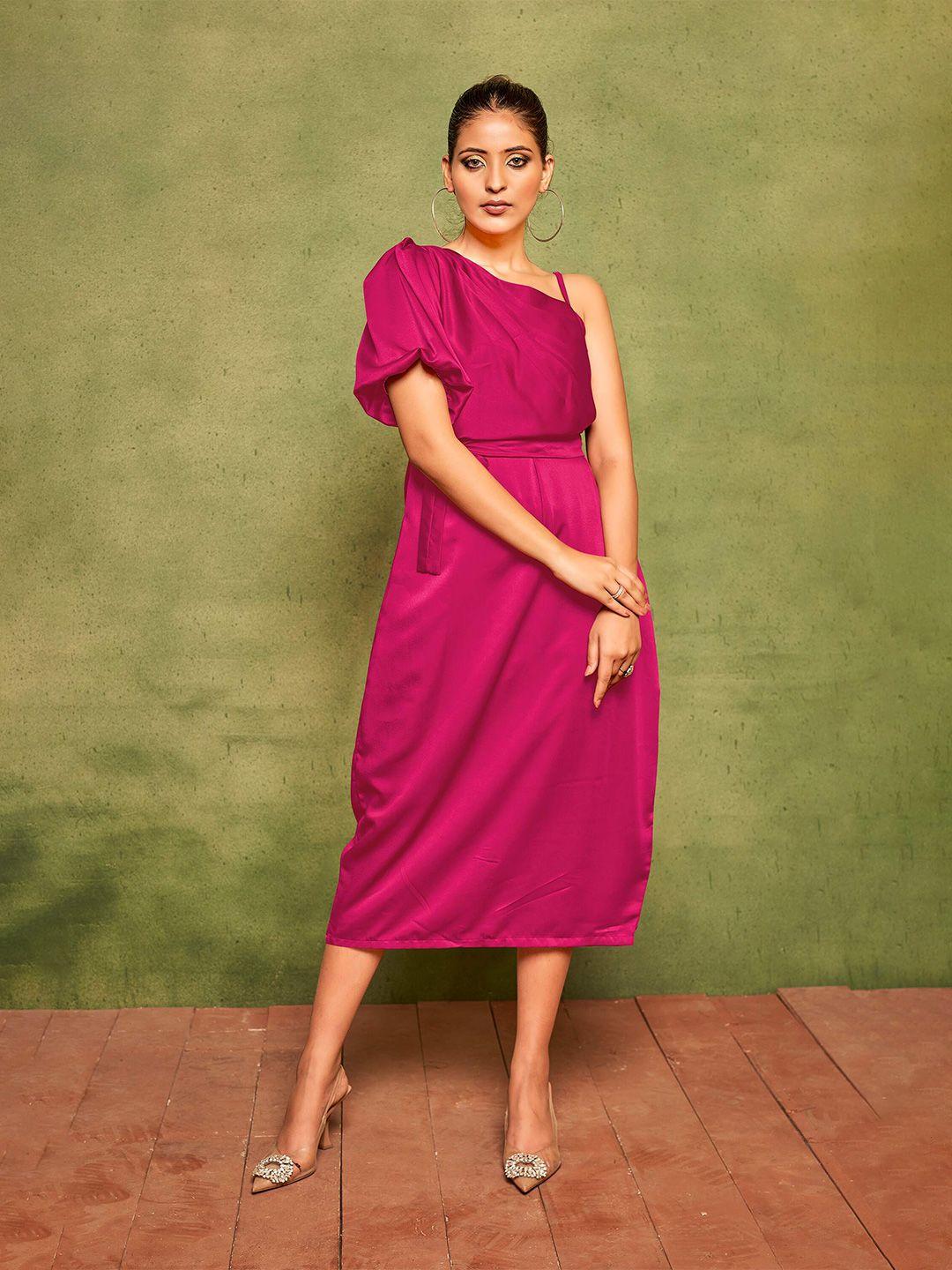 curvy lane pink puff sleeve satin bodycon midi dress